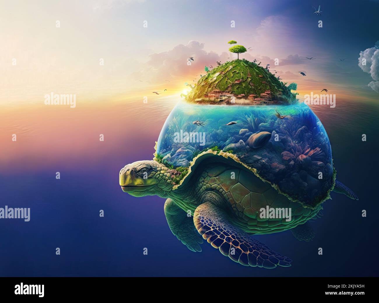 Tropische Insel mit Palmen und einem Paradiesstrand, schwimmend im Meer, hergestellt auf der Muschel einer riesigen grünen Schildkröte, die unter Wasser schwimmt. Hintergrund Stockfoto