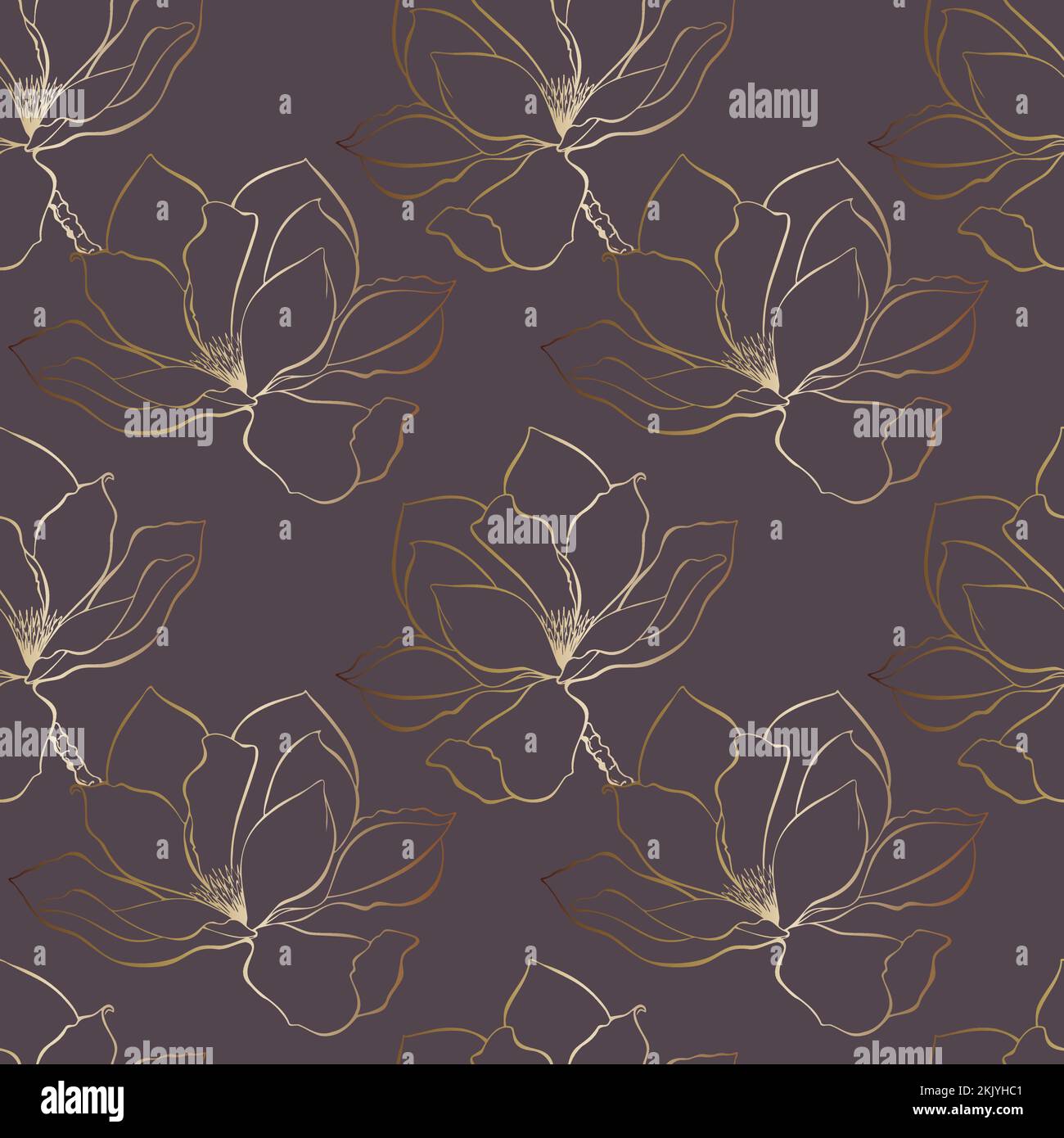Magnolienmuster, Konturblumen, goldener Farbverlauf und dunkler Hintergrund. Vektordarstellung Stock Vektor