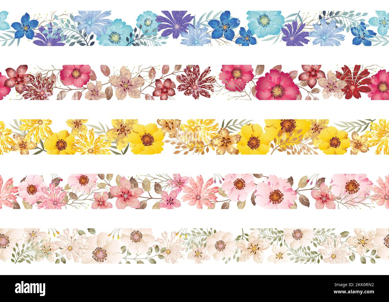 Set nahtloser Ränder in Aquarellfarben mit Blumenmuster, isoliert auf weißem Hintergrund. Vektordarstellung. Horizontal Wiederholbar. Stock Vektor