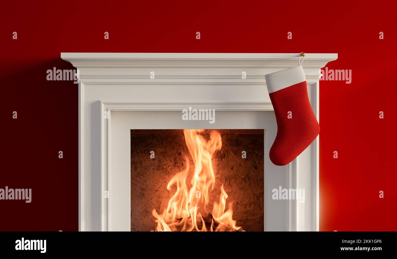 Festliche Strumpfhosen hängen an Weihnachten an einem Kamin. 3D-Rendering Stockfoto