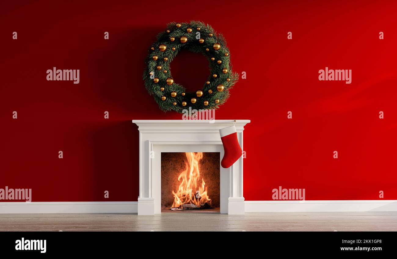 Roter weihnachtsstrumpf, der an einem Kamin hängt. Festlicher, gemütlicher Urlaubshintergrund. 3D-Rendering Stockfoto