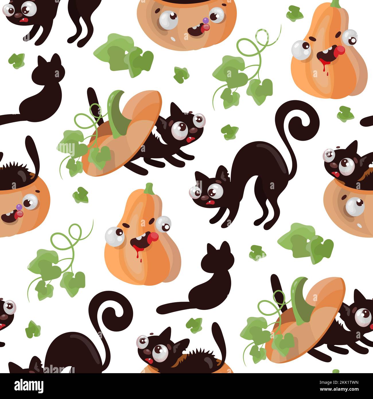 HALLOWEEN-Katzenklops flaches Design Nahtloses Muster lustiger Cartoon Hand gezeichnet nahtlose Muster Vektor-Illustration zum Drucken Stock Vektor