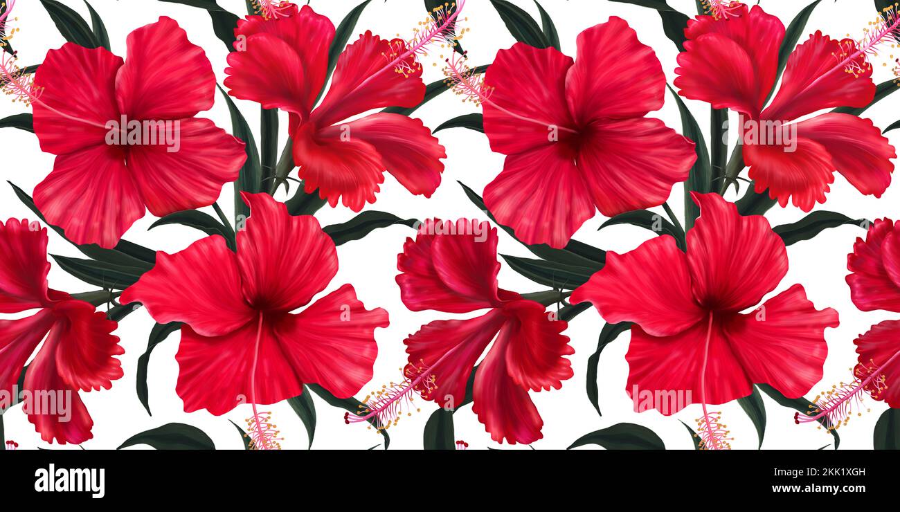 Schöne rote Hibiskusblüten. Nahtlose tropische Tapete. Exotisches tropisches Muster. Handgezeichnete 3D-Abbildung für Stoff, Tapete, Papier. Stockfoto