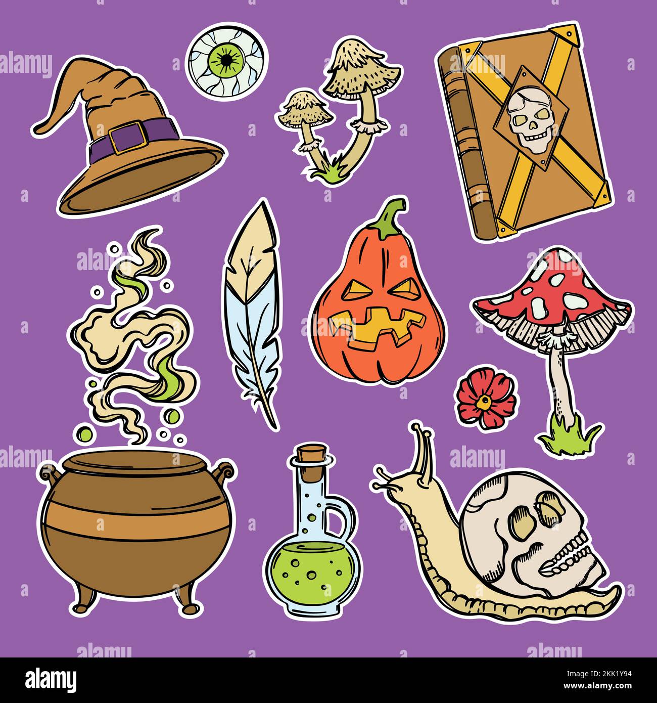 HALLOWEEN-AUFKLEBER farbenfrohe handgezeichnete Pudelobjekte Alchemisch Astrologisches und okkultes himmlisches Set magisches Zubehör Cartoon Vector Ill Stock Vektor