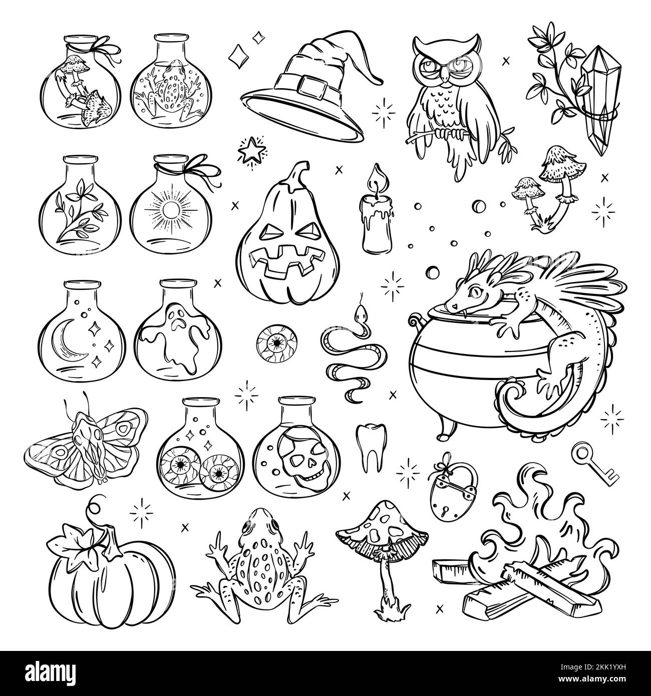 HALLOWEEN HEXEREI Monochrom Handgezeichnete Objekte Sketch Alchemic Astrologic und Occult Symbol Collection Magical Accessoires Cartoon Vector Illustra Stock Vektor