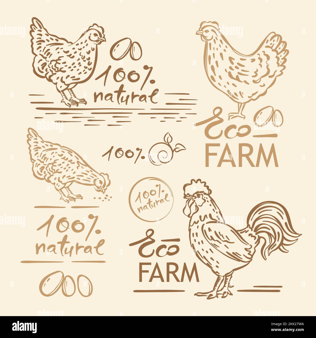 HENNE HAHN VON HAND GEZEICHNET FARM SKETCH Cartoon Monochrome Picture Farm Set Charaktere Geflügelspalte und Schriftzeichen Texte Vector Illustration Logotypen Set F Stock Vektor