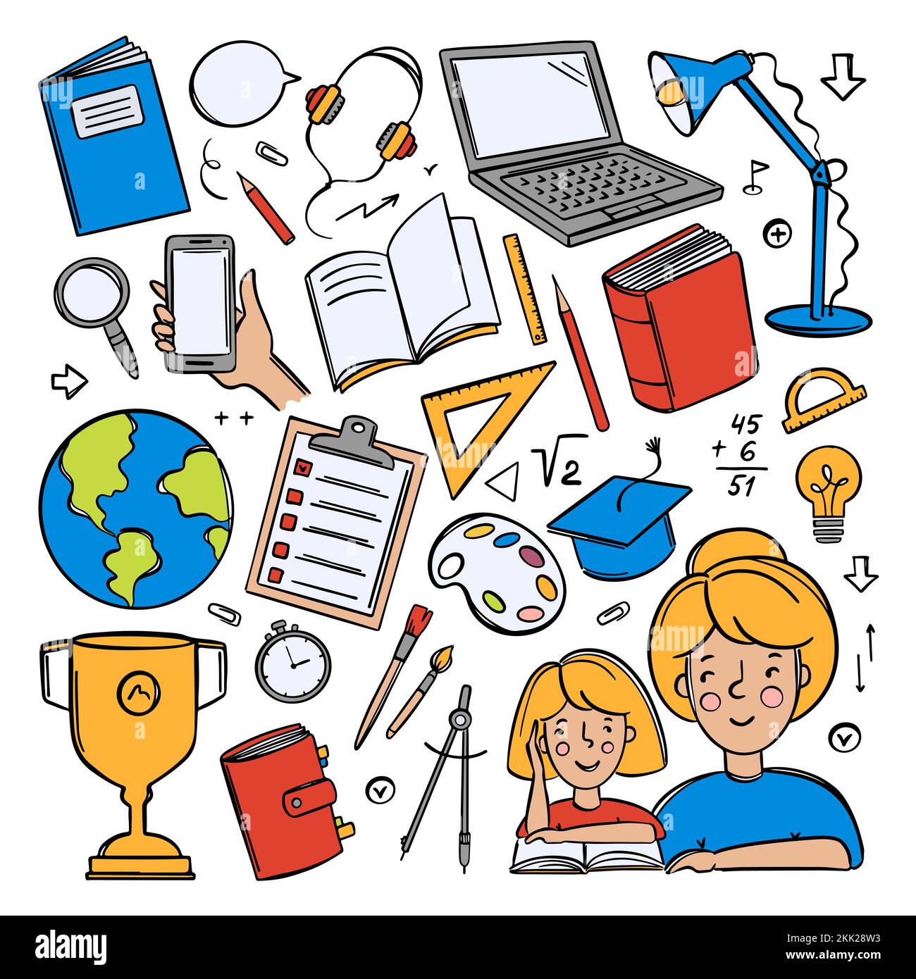 HOME SCHULSET Handgezogene Vektorsammlung verschiedene Schulmaterialien für das Konzept Online-Lernen von Schülern im Internet im Doodle Style für De Stock Vektor