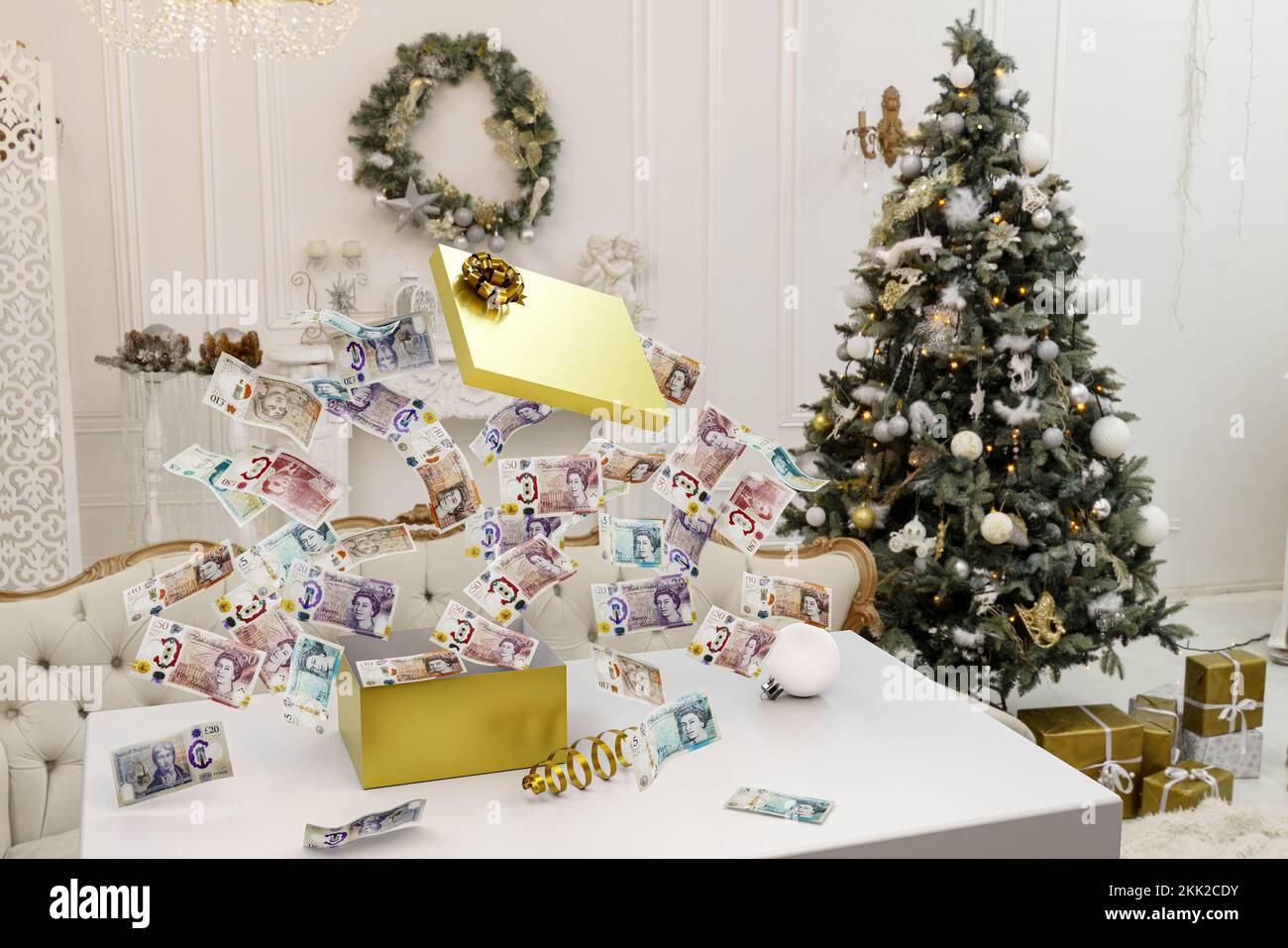 Weihnachten Geschenk von Geld Pfund Bargeld weihnachten präsent UK Geld Geschenkbox Stockfoto