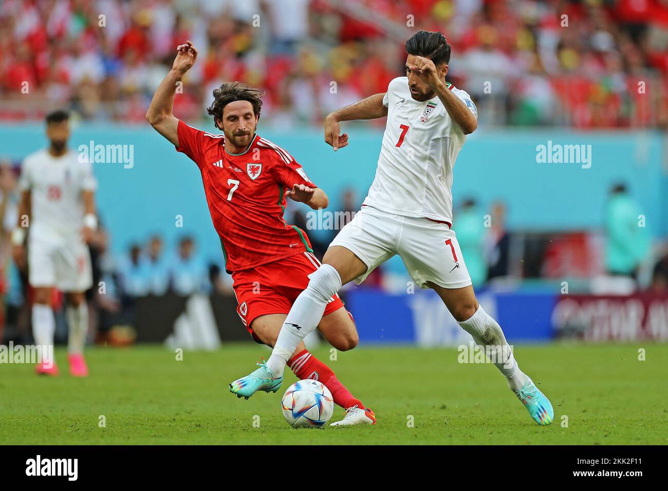 25.. November 2022; Ahmed bin Ali Stadium, Al Rayyan, Katar; FIFA Fußball-Weltmeisterschaft, Wales gegen Iran; Joe Allen von Wales fordert Alireza Jahanbakhsh aus dem Iran heraus Stockfoto