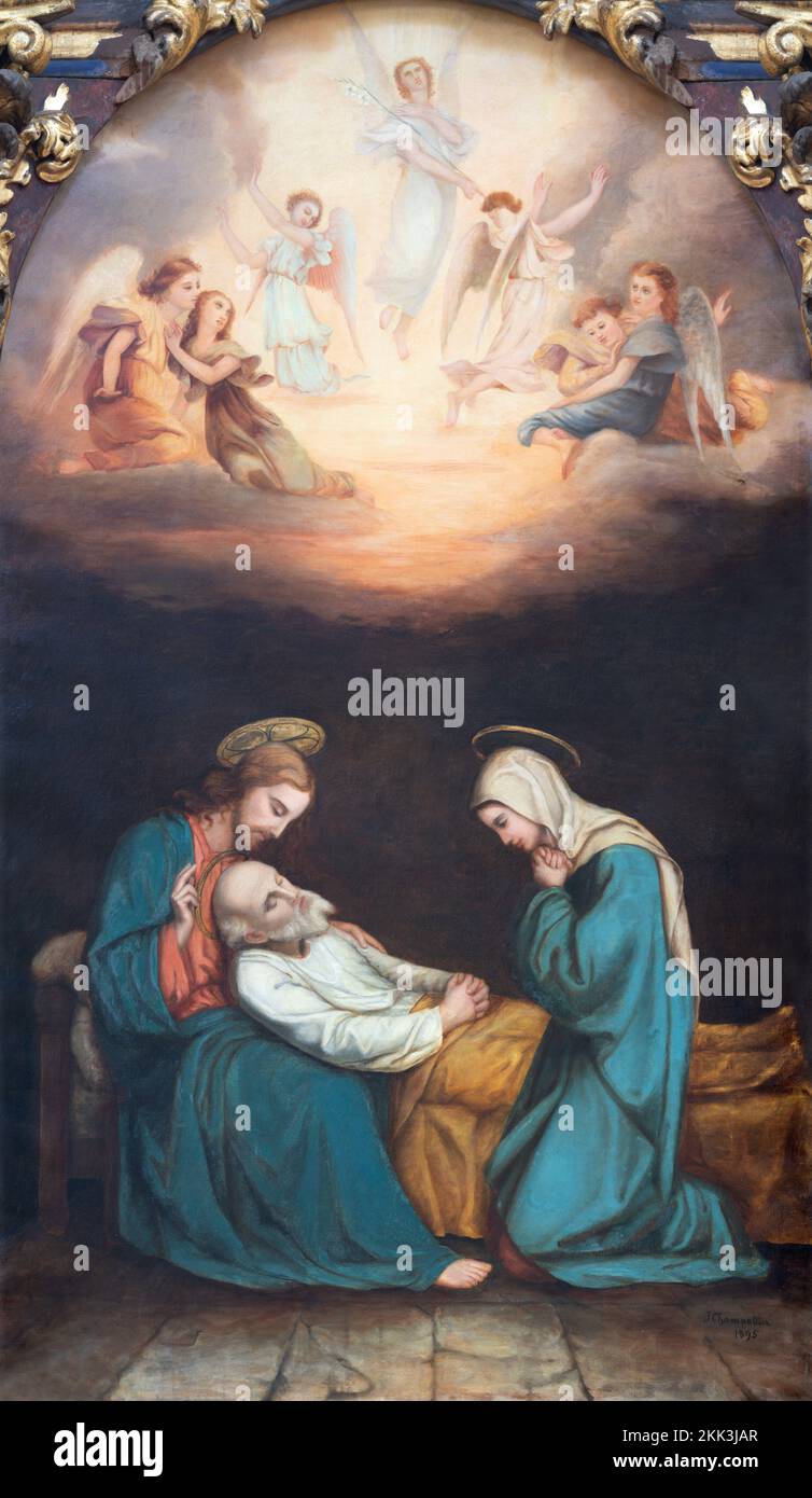 ANNECY, FRANKREICH - 10. JULI 2022: Das Gemälde Tod des Heiligen Joseph in der Kirche Eglise Saint Francois de Sales von J. Champallier (1895). Stockfoto