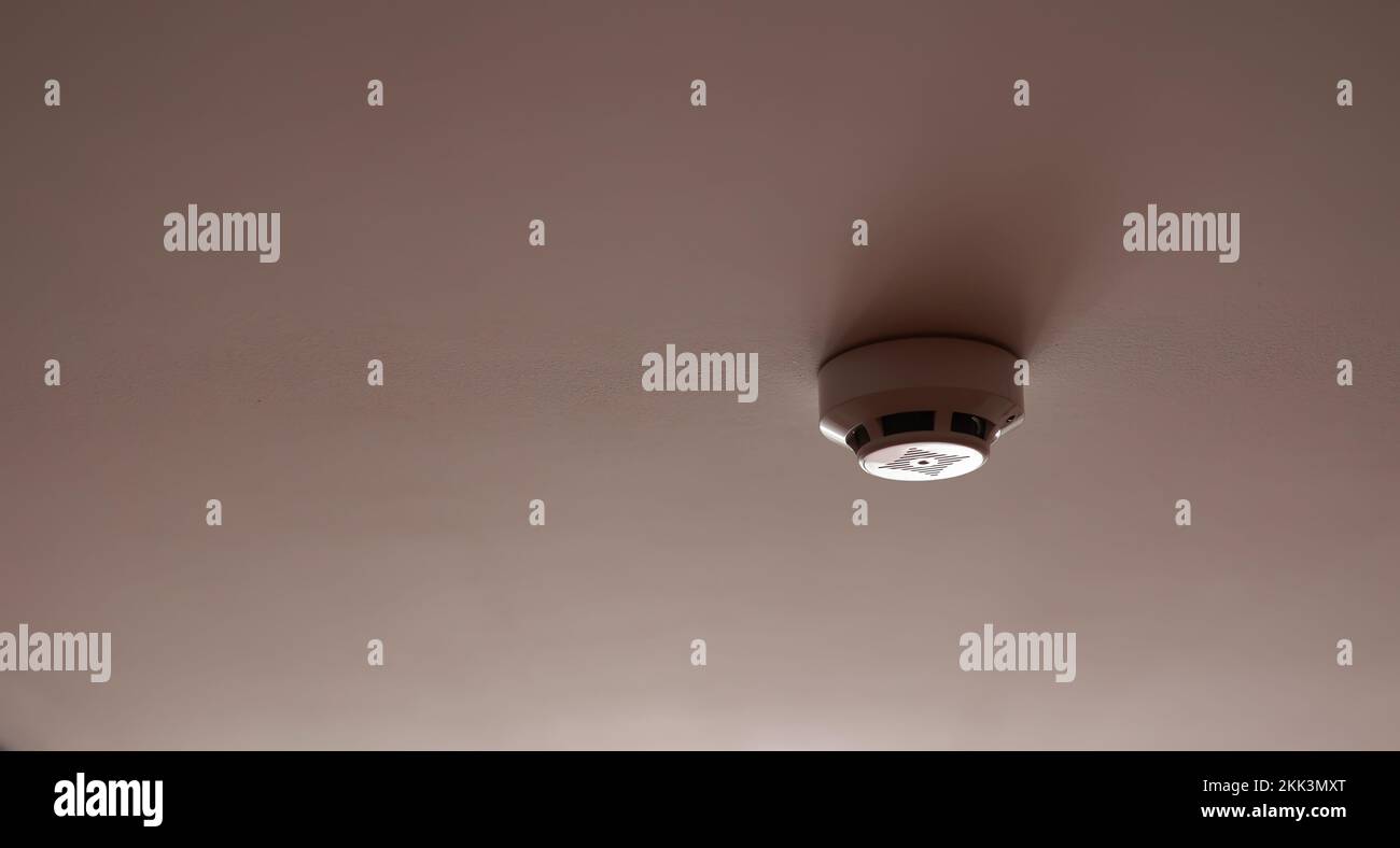 Feuerlöschanlage in Innenräumen. Weißer Rauchmelder sendet ein Signal an eine Brandmeldezentrale als Teil einer an der weißen Decke im Bürogebäude oder Apartment installierten Brandmeldeanlage Stockfoto