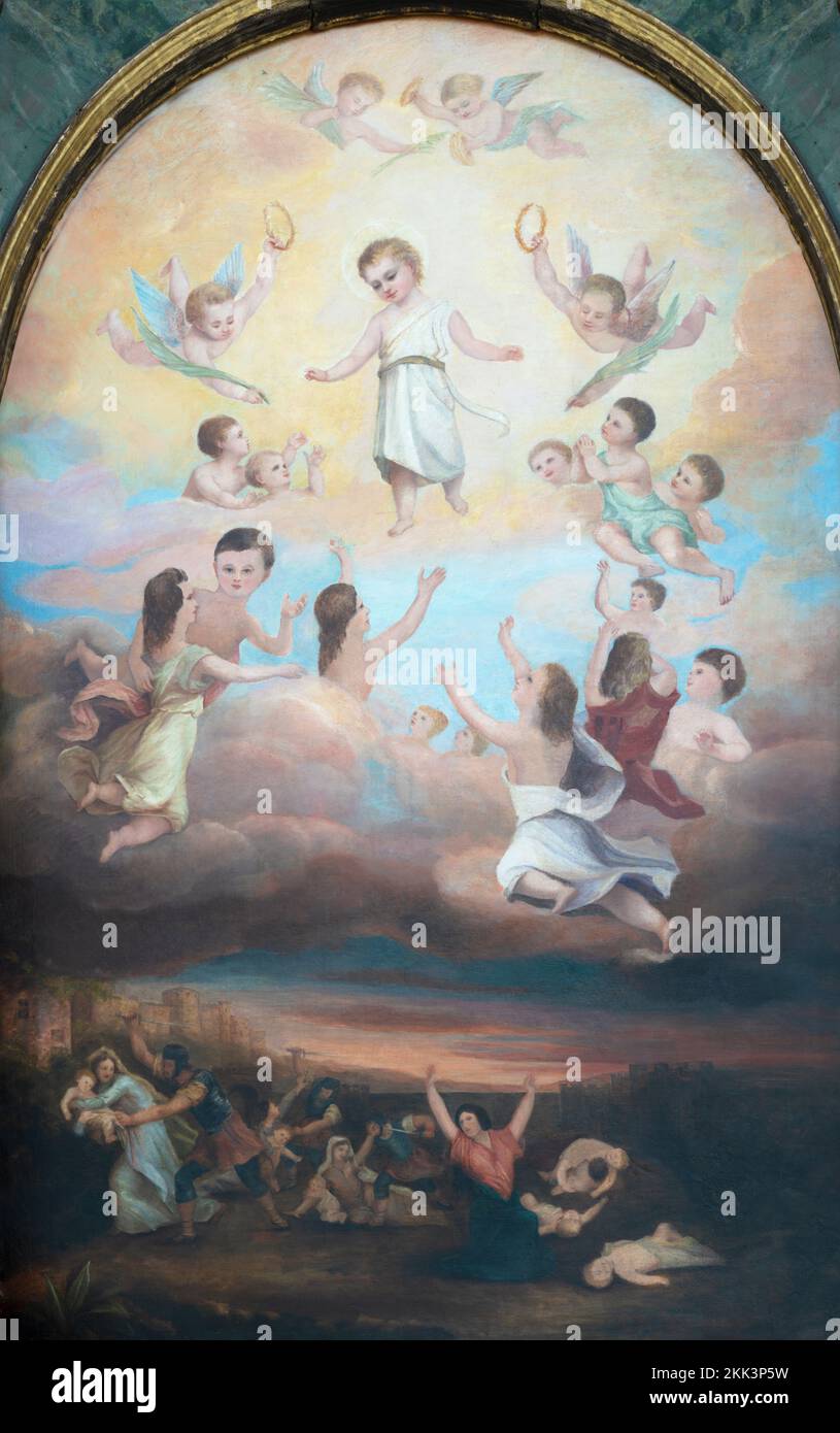 ANNECY, FRANKREICH - 10. JULI 2022: Das Gemälde von Inocents in der Kirche Eglise Saint Francois De Sales von J. Champallier (1895). Stockfoto