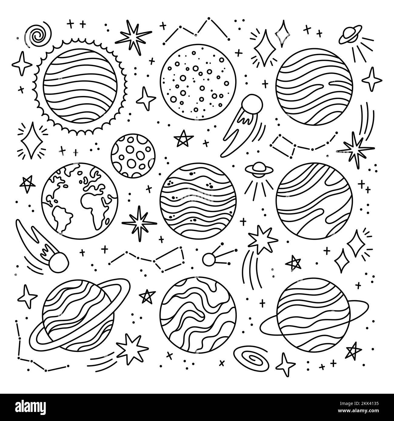 Einstellen der Planeten Symbol, hand Vector Illustration gezeichnet. Stock Vektor