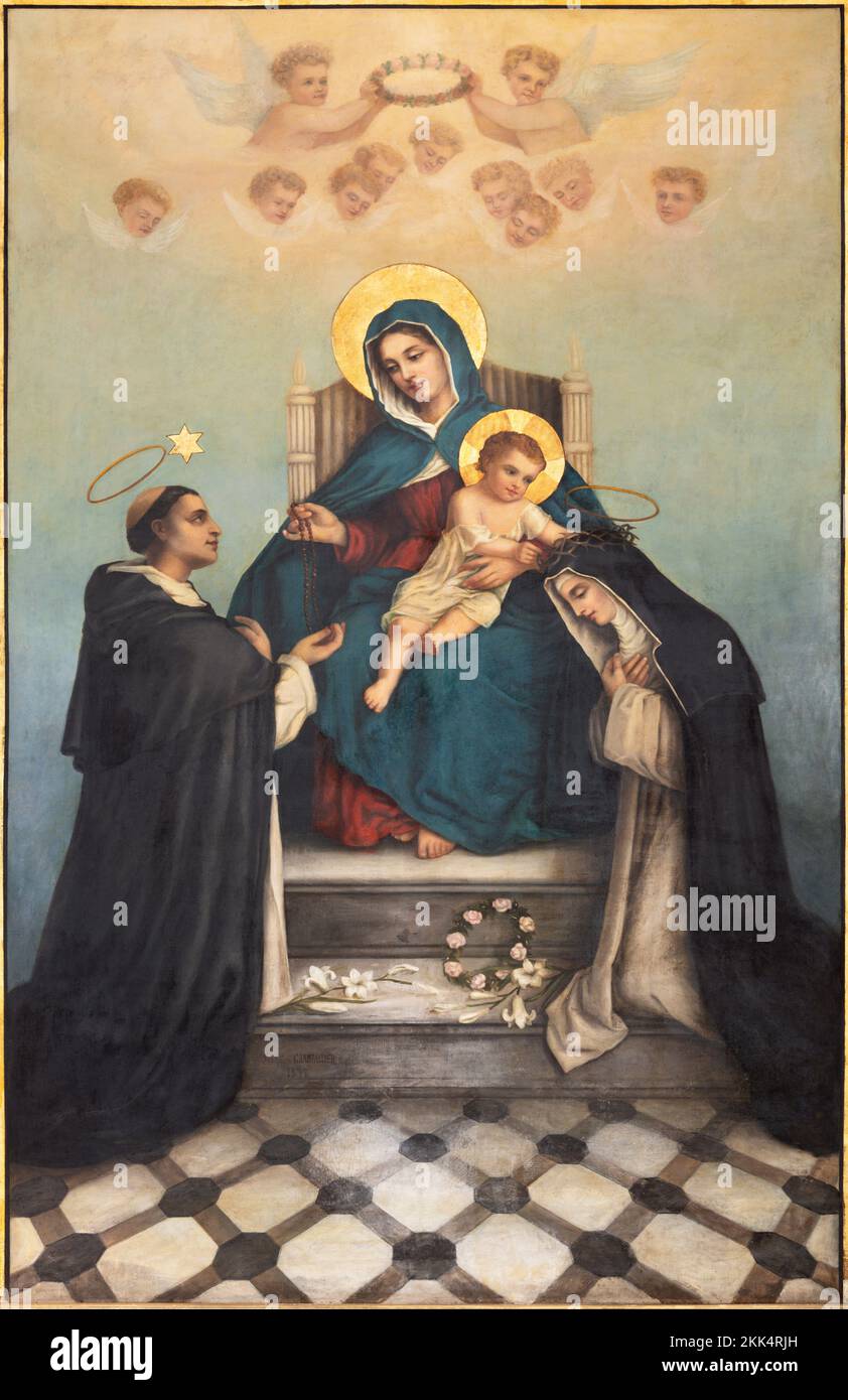 ANNECY, FRANKREICH - 10. JULI 2022: Das Gemälde von Madonna mit dem Heiligen Dominic und Katharina von Siena in der Kirche Eglise Saint Maurice von unbekanntem ar Stockfoto