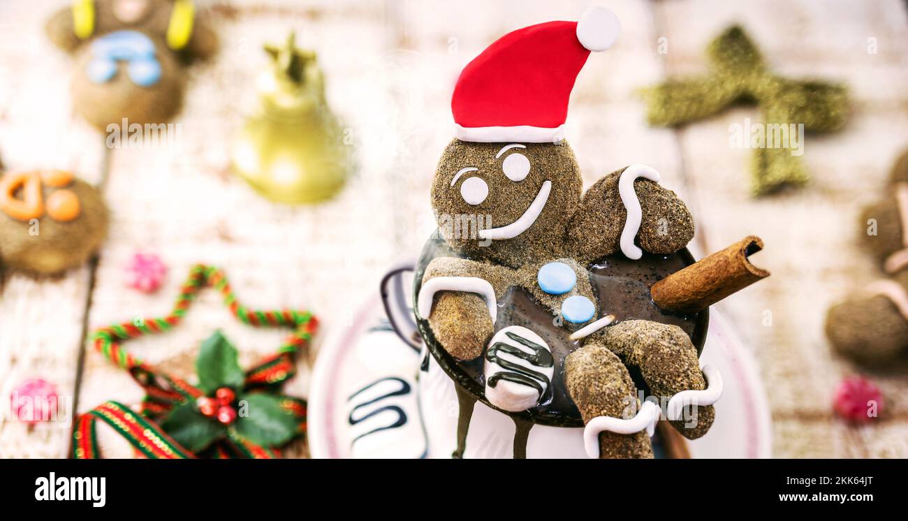Lustige weihnachten heiße Schokolade, Urlaub oder fröhliche weihnachten Themen Hintergrund, Winter heißes Getränk Stockfoto