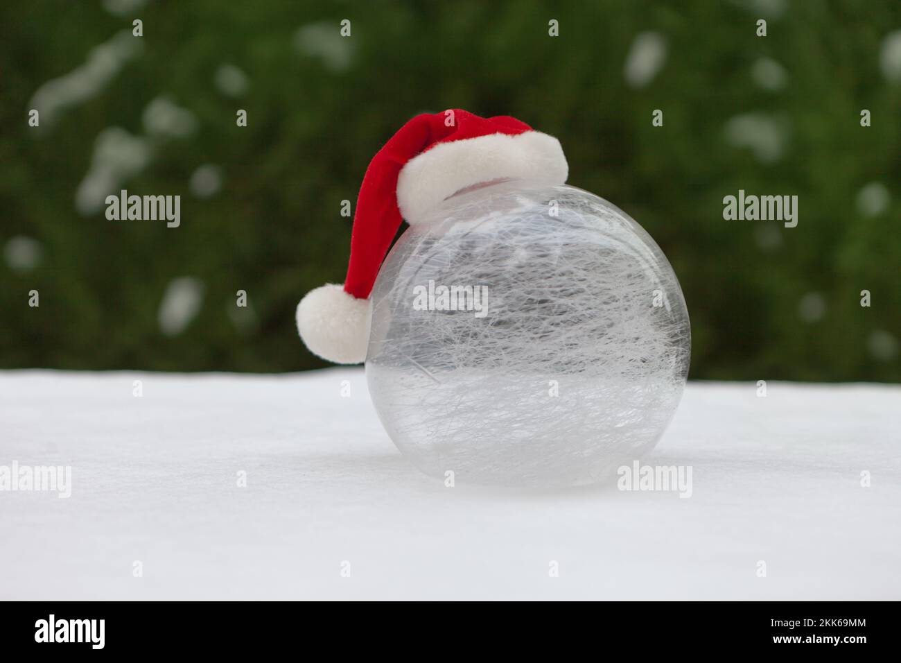 Weiße runde Glaskugel auf Schnee mit weihnachtsmütze. Die Winterwelt in der Nähe des Weihnachtsbaums. Verschneiter, kalter Hintergrund im Freien. Stockfoto