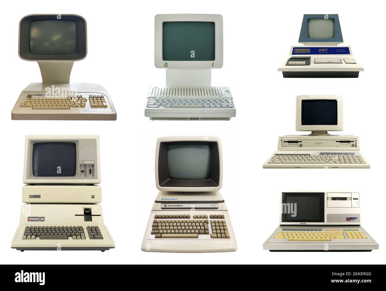 Ein Satz klassischer Desktop-Computer aus den 80er Jahren, isoliert auf weißem Hintergrund. Vorderansicht der PC-Kollektion im Retro-Look Stockfoto