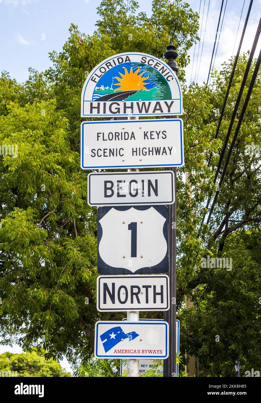 Key West, USA - 26. August 2014: Mile Zero in Key West, Highway-Schild No1 Florida Keys Stockfoto