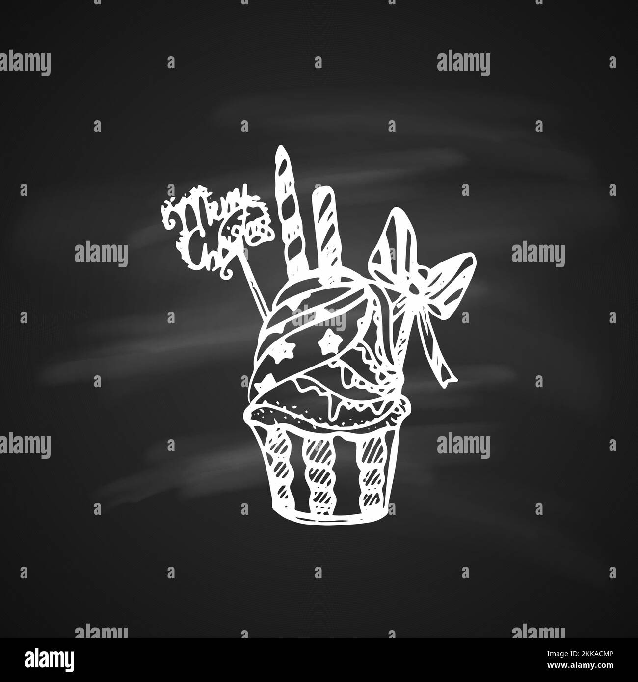 Kreidezeichnung Künstlerisches Pudelsymbol. Weihnachtskuchen. Weihnachtskarte mit Vintage-Design für das neue Jahr oder Einladung auf Kreidetafel Stock Vektor