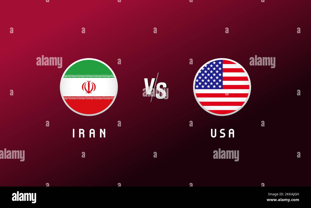 Rundes Emblem mit der Flagge des Iran gegen die USA. Hintergrund der Fußballabdeckung mit dem Logo der iranischen und der US-amerikanischen Nationalflaggen. Sportvektordarstellung für Turnier-Design oder Comment Stock Vektor