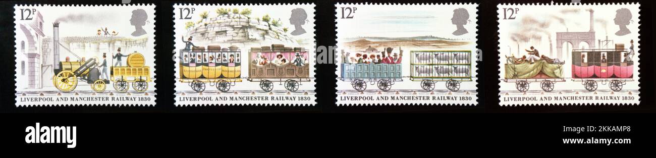 Britische Briefmarken zum Gedenken an Liverpool und Manchester Railway 1830 Stockfoto