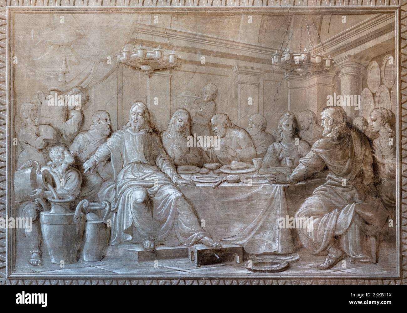 BIELLA, ITALIEN - 15. JULI 2022: Das Fresko der Hochzeit in Cana in der Kathedrale (Dom) von Giovannino Galliari (1784). Stockfoto