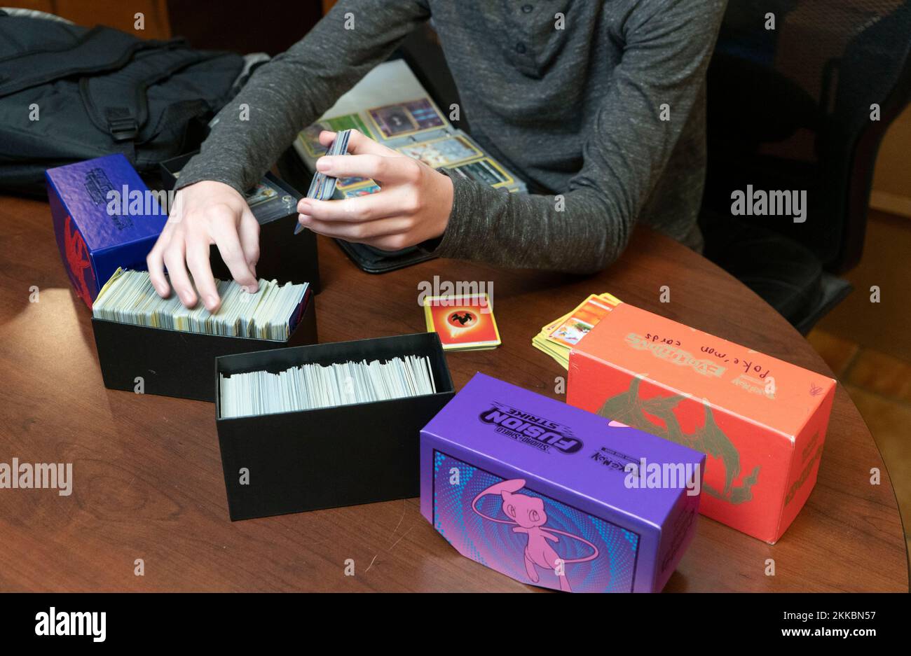 Austin Texas, USA, November 24 2022: Ein 14-jähriger Junge sortiert seine Pokemon-Kartensammlung während einer Pause in Thanksgiving-Dinner-Aktivitäten im Haus eines Verwandten. ©Bob Daemmrich Stockfoto