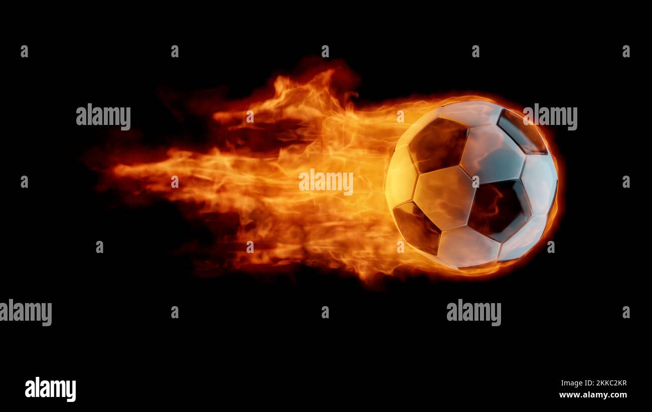 Feuerball. Blazing Fußball oder Fußball mit leuchtendem flammendem Schwanz auf dunklem Hintergrund. 3D-Rendern. Stockfoto