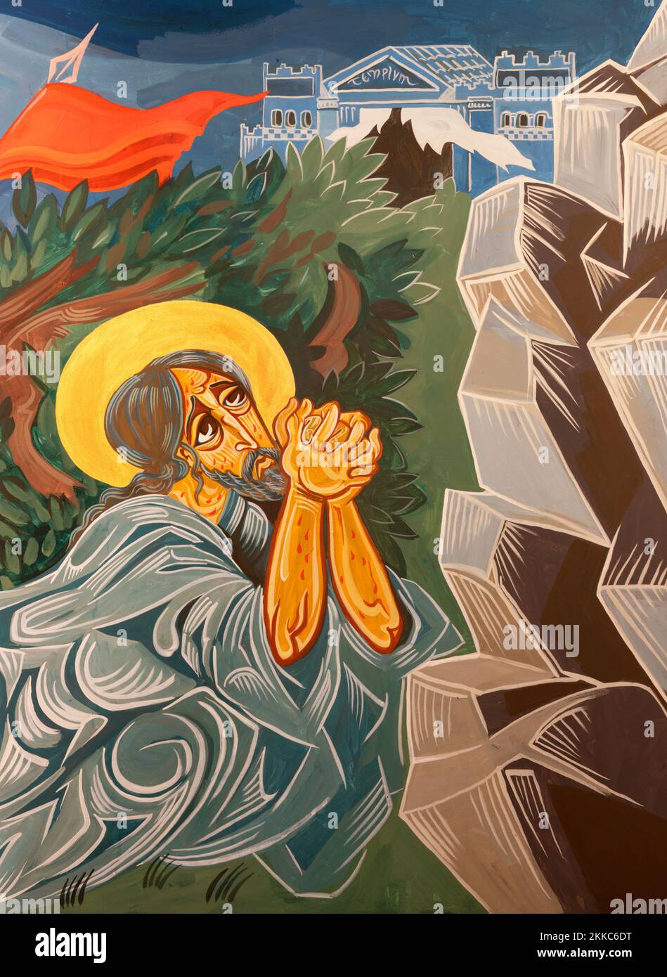 Forlí, ITALIEN - 11. NOVEMBER 2021: Das Detail des modernen Freskens des Jesus-Gebets im Garten Gethsemane in der Kirche Chiesa di San Giovanni Battista di Co Stockfoto