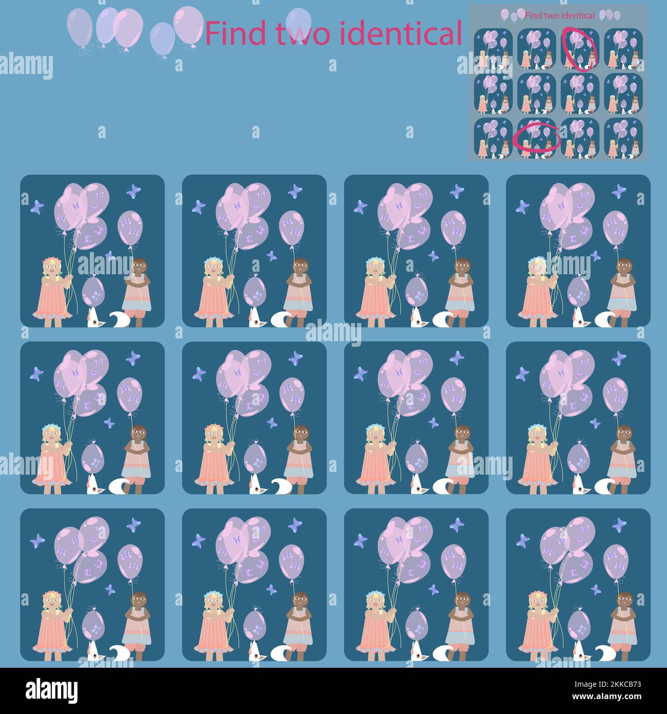 In einem lustigen Puzzlespiel für Kinder unter 7 Jahren findest du 2 identische Bilder Stock Vektor