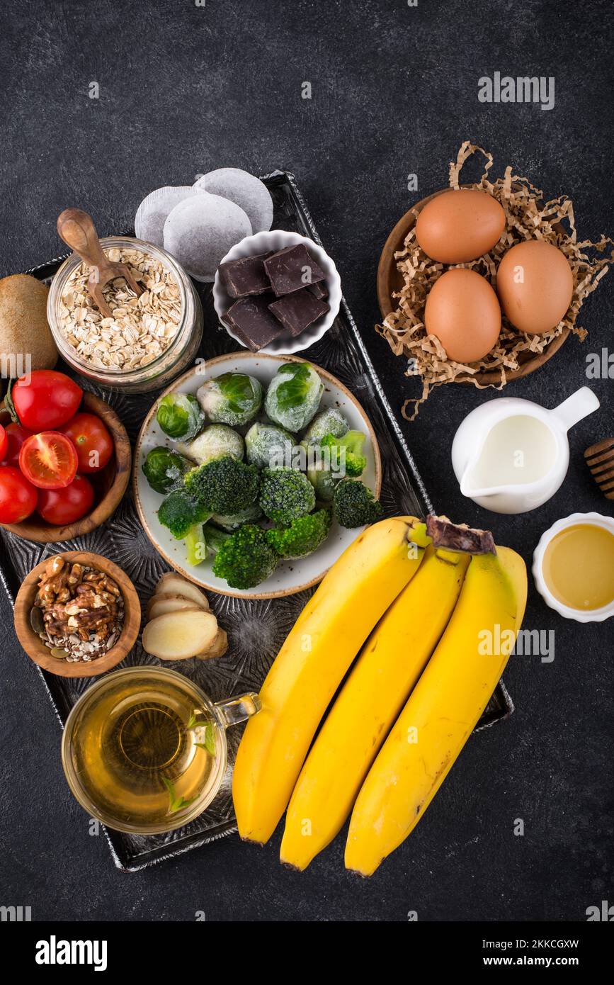 Sortiment von Produkten, die Melatonin enthalten Stockfoto
