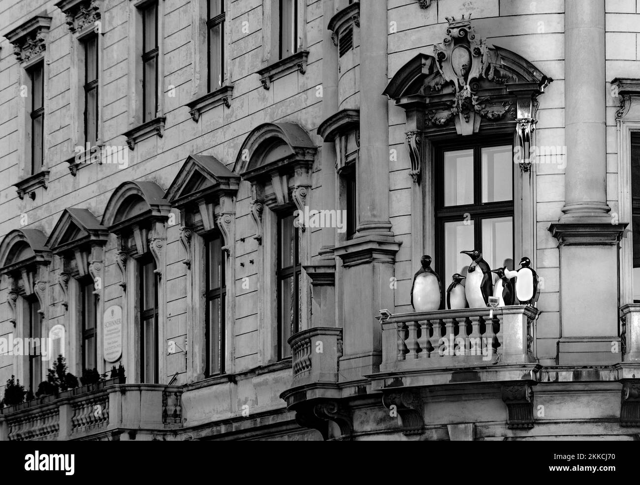 WIEN, ÖSTERREICH - 16. FEB 2019: pinguinpuppen auf einem alten Balkon blicken auf die Straße in Wien. Stockfoto