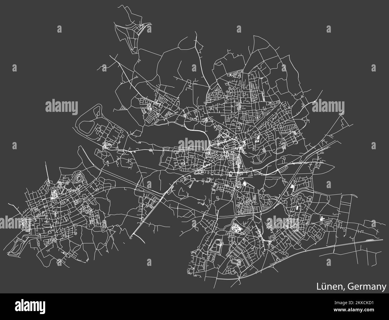 Detaillierte negative Navigation weiße Linien Stadtstraßenkarte der deutschen Landeshauptstadt LÜNEN auf dunkelgrauem Hintergrund Stock Vektor