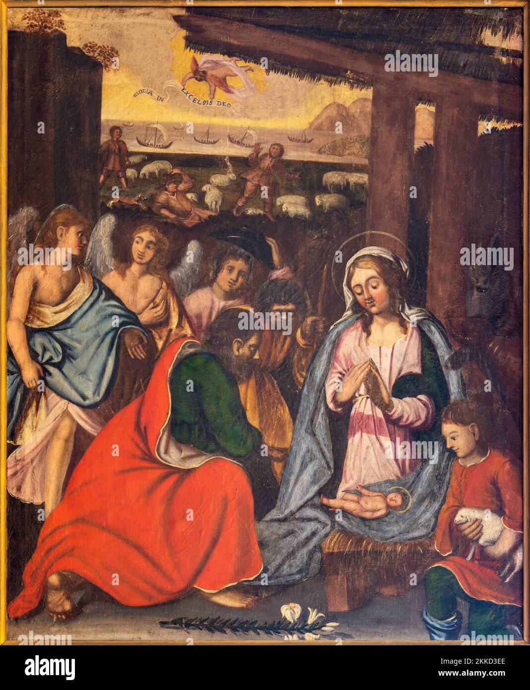 ALAGNA, ITALIEN - 16. JULI 2022: Das Gemälde der Anbetung der Hirten in der Kirche San Giovanni Battista von einem unbekannten Künstler. Stockfoto