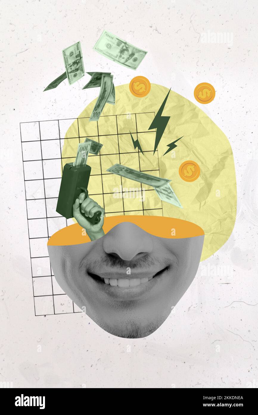 Collagenfoto eines lächelnden Kopfes absurder Karikaturmann glücklich süchtig, erfolgreicher reicher Jackpot Geld isoliert auf gemaltem Hintergrund Stockfoto