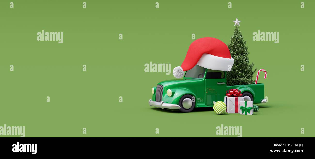 Grünes Auto mit Weihnachtsmannmütze mit Weihnachtsbaum auf grünem Hintergrund und Kopierraum 3D Bild 3D rendern Stockfoto