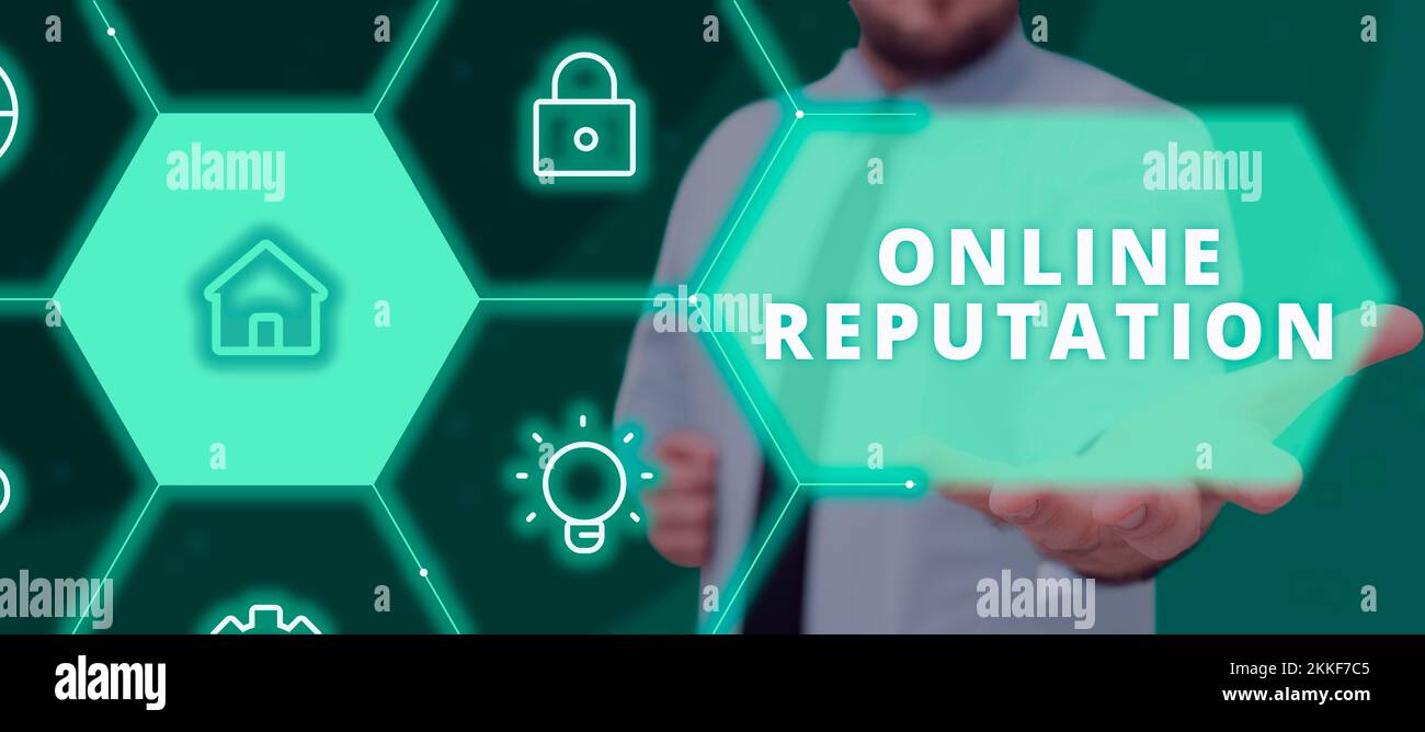 Handschriftliches Schild Online Reputation. Konzept bedeutet Zuverlässigkeit Einstufung Bewertung Bewertung Zufriedenheit Qualität der Bewertung Stockfoto