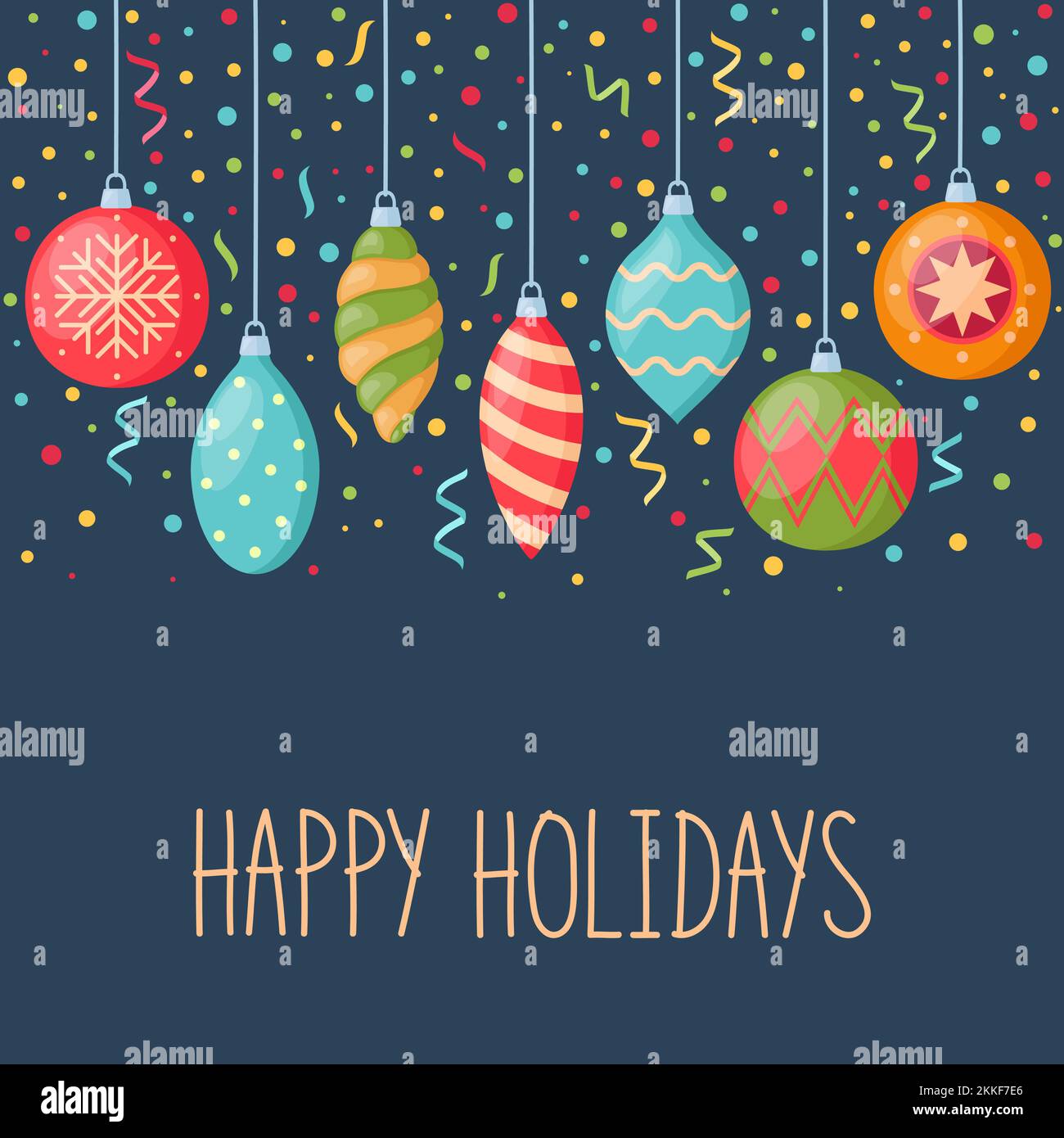 Weihnachts- und Neujahrskarte mit hängenden Dekorationen für weihnachtsbaum und Konfetti, Vektorgrafik Stock Vektor