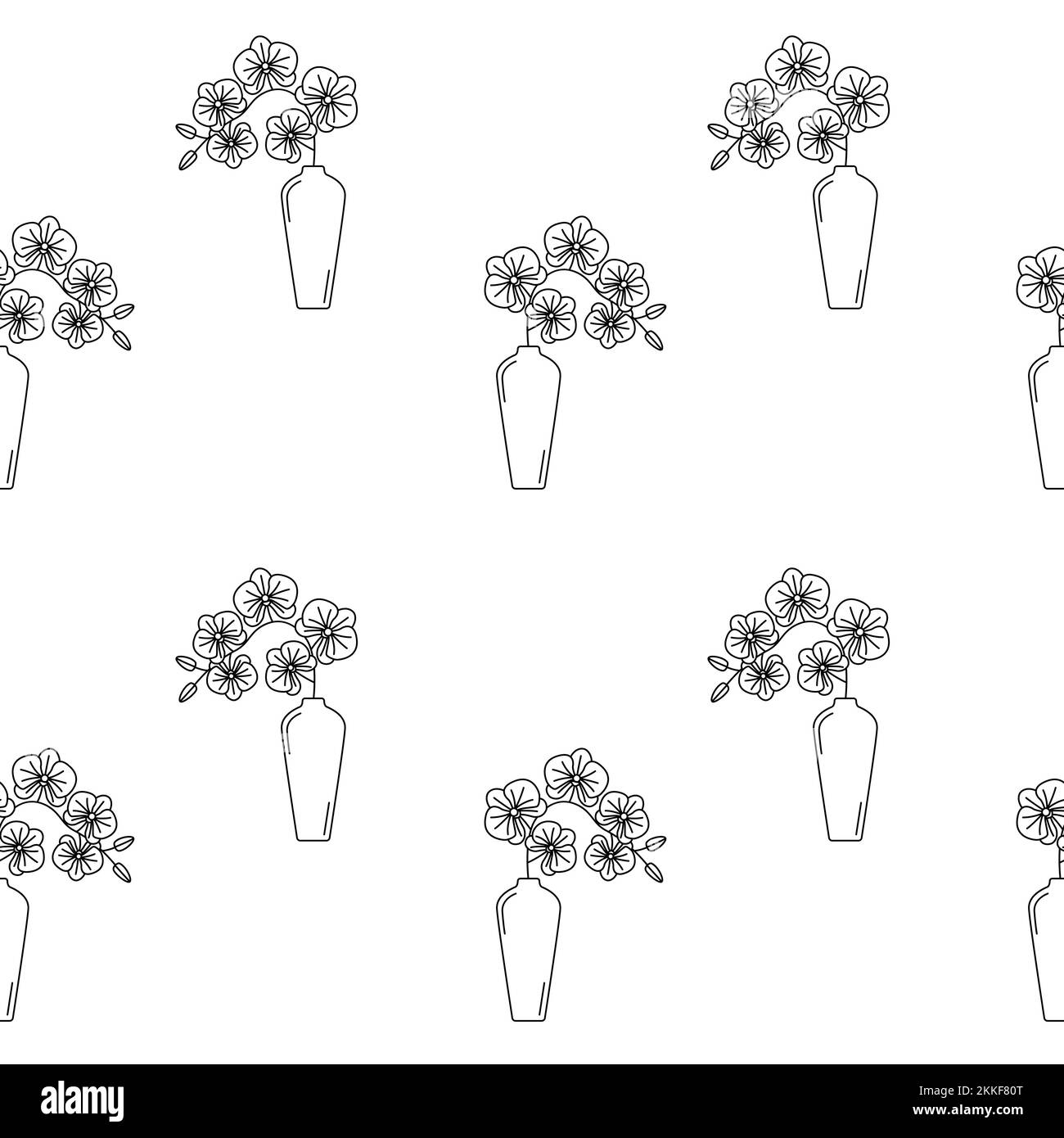 Nahtloses Muster mit Konturen von Vasen mit Orchideen. Vektordarstellung Stock Vektor