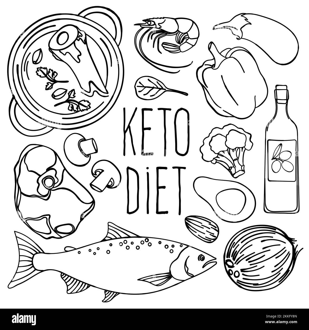 KETO SCHWARZWEISS gesundes Lebensmittel Low Carb Diet richtige Ernährung Clip Art Vector Illustration Set zum Drucken Stock Vektor