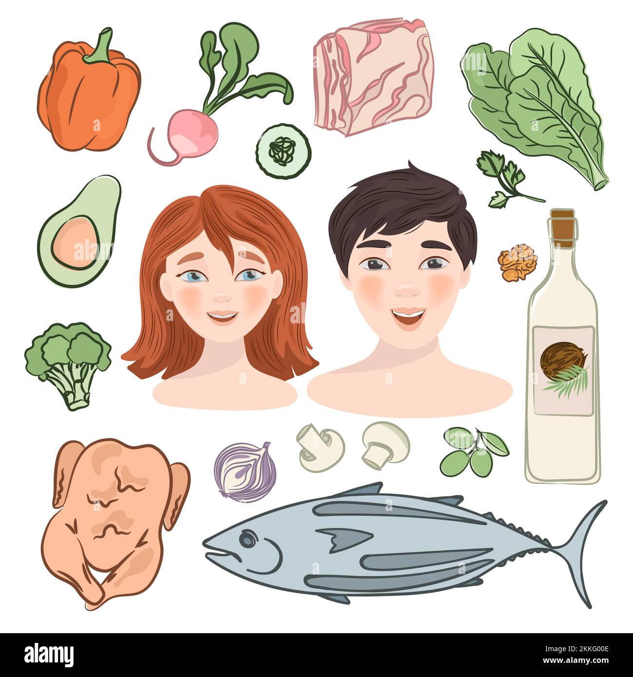 KETO FAMILIE natürliche gesunde Lebensmittel Paleo Diät Ernährung Clip Art Vector Illustration Set zum Drucken Stock Vektor