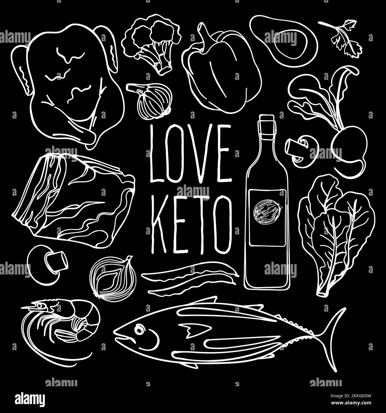 KETO SCHWARZ gesundes Lebensmittel Low Carb Diet richtige Ernährung Monochrom Vektor Illustration Set zum Drucken Stock Vektor