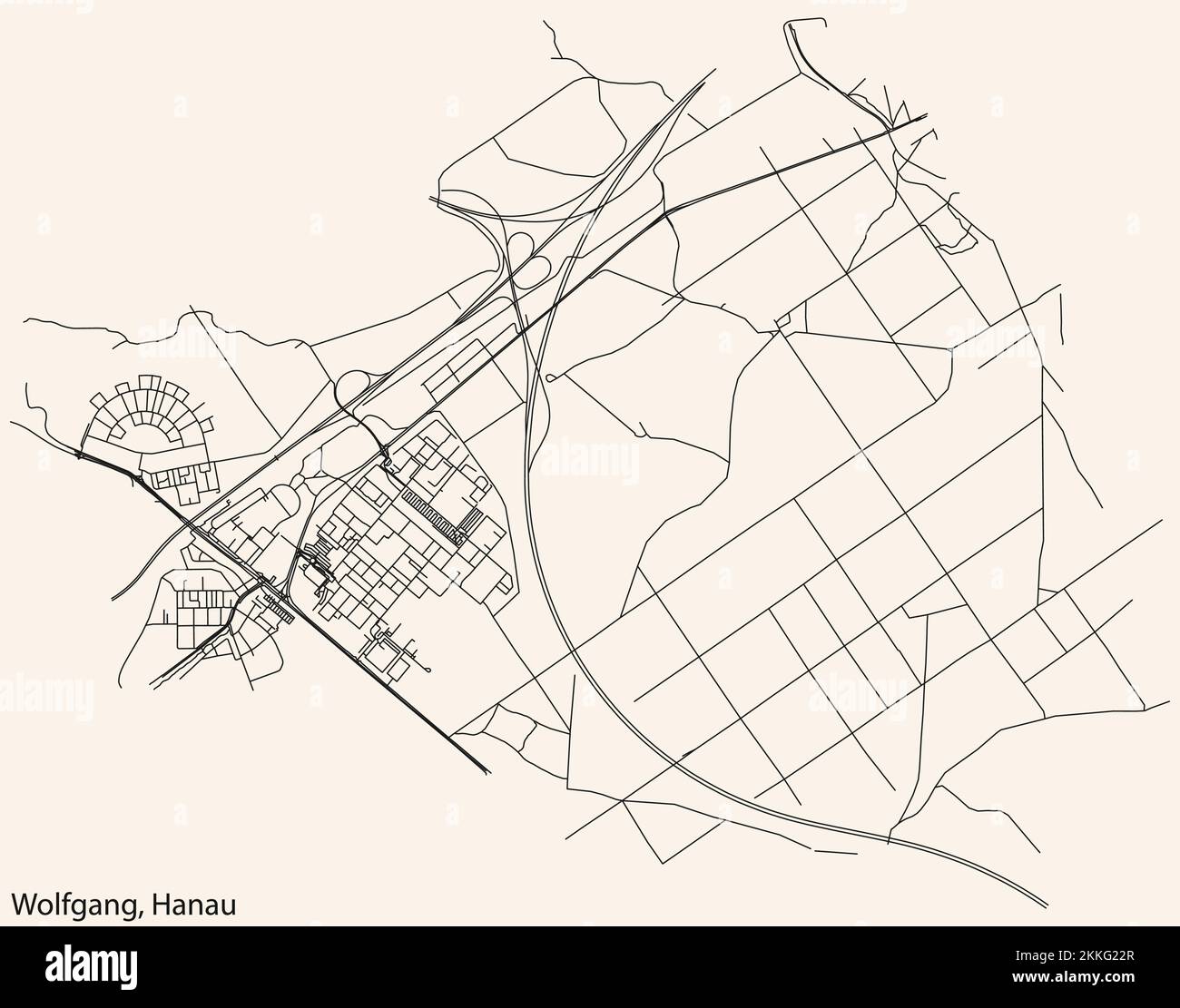 Detaillierte negative Navigation weiße Linien Stadtstraßenkarte der GEMEINDE WOLFGANG der deutschen Stadt HANAU auf dunkelgrauem Hintergro Stock Vektor