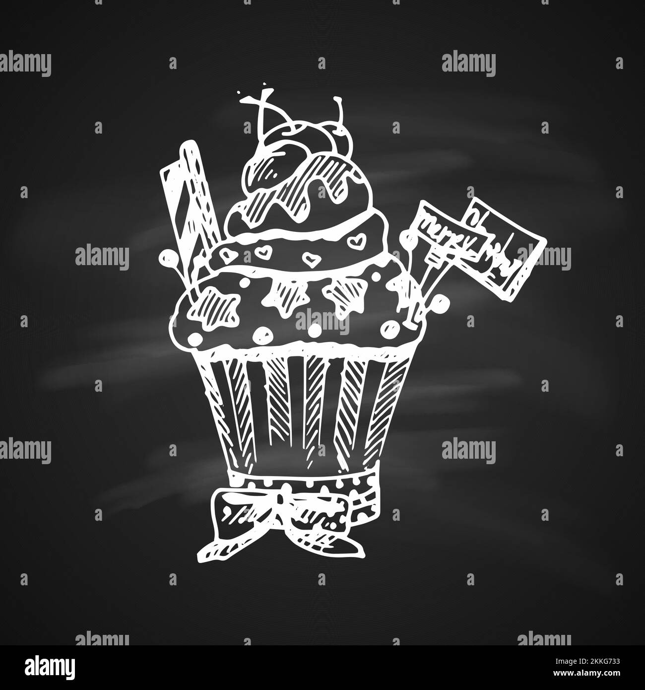 Chalk Drawing – Künstlerische Weihnachts-Pudel-Ikone. Cupcake. Weihnachtskarte mit Vintage-Design für das neue Jahr oder Einladung auf Kreidetafel Stock Vektor