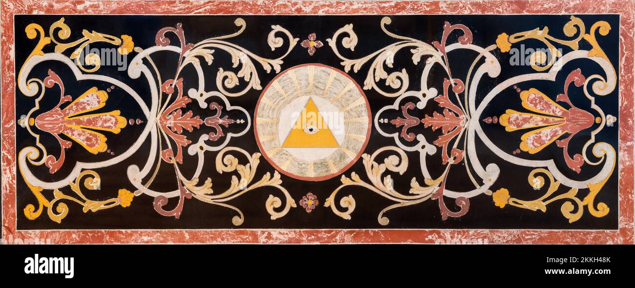 LUZERN, SCHWEIZ - JUNY 24, 2022: Das Steinmosaik (Pietra Dura) des Auges Gottes als Symbol des Allwissens auf dem Seitenaltar von Jesuitenkirche fro Stockfoto