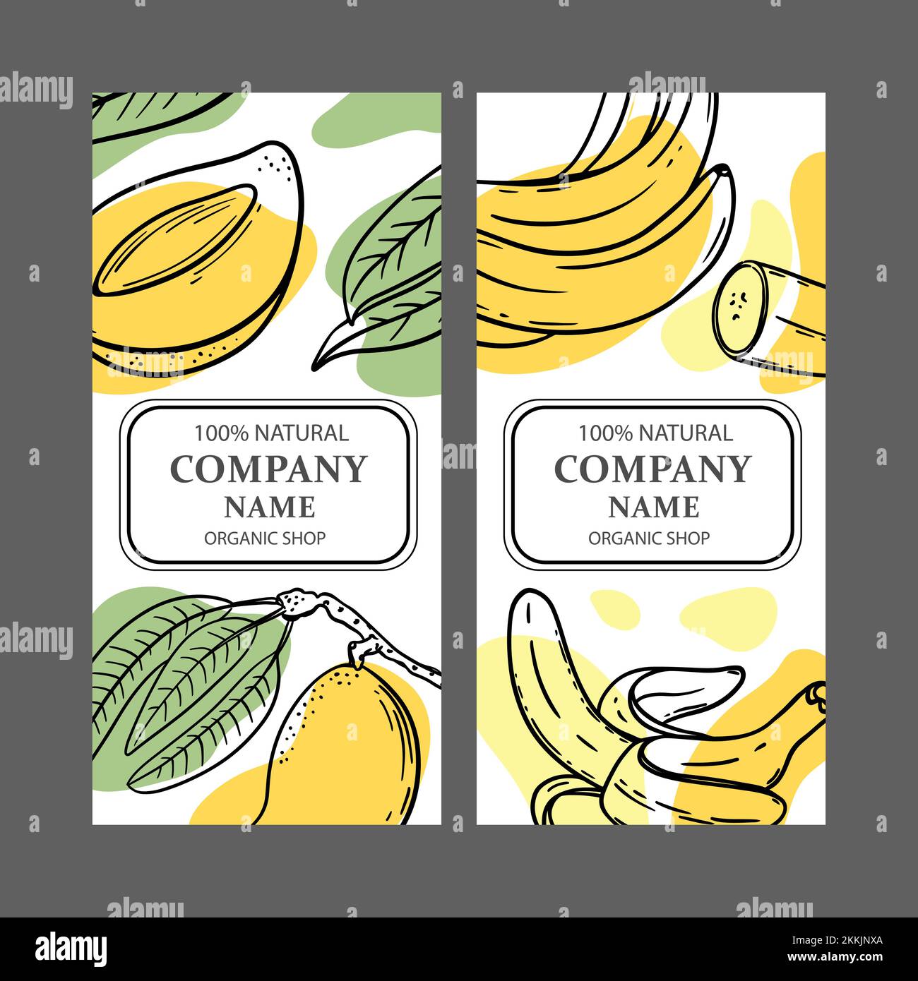 ETIKETTEN FÜR MANGO-BANANEN Design of Stickers for Shop of Tropical Organic Natural Fresh Juicy Fruits and Dessert Drinks in Sketch Style Clip Art Vector Illu Stock Vektor