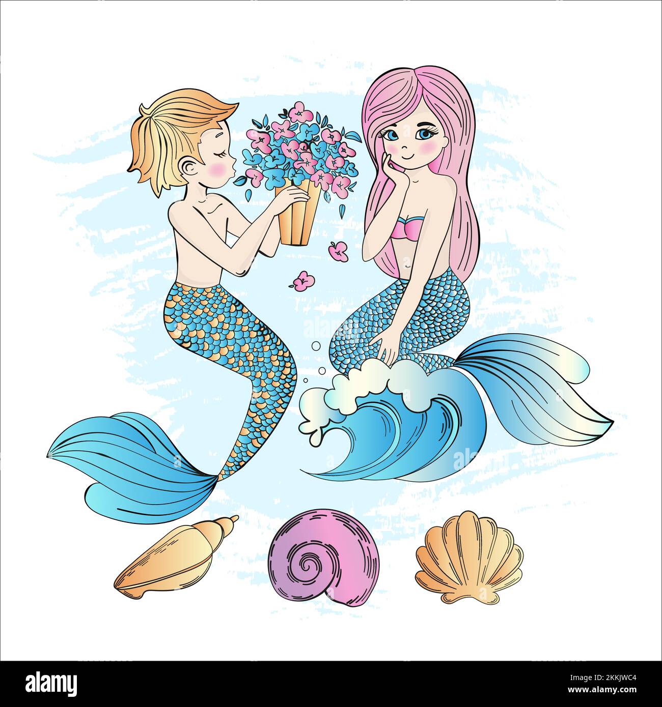 MEERJUNGFRAU BOUQUET Meeres Unterwasser-Prinzessin Girl Party Cartoon Clip Art Vektor-Illustration Set zum Drucken Stock Vektor