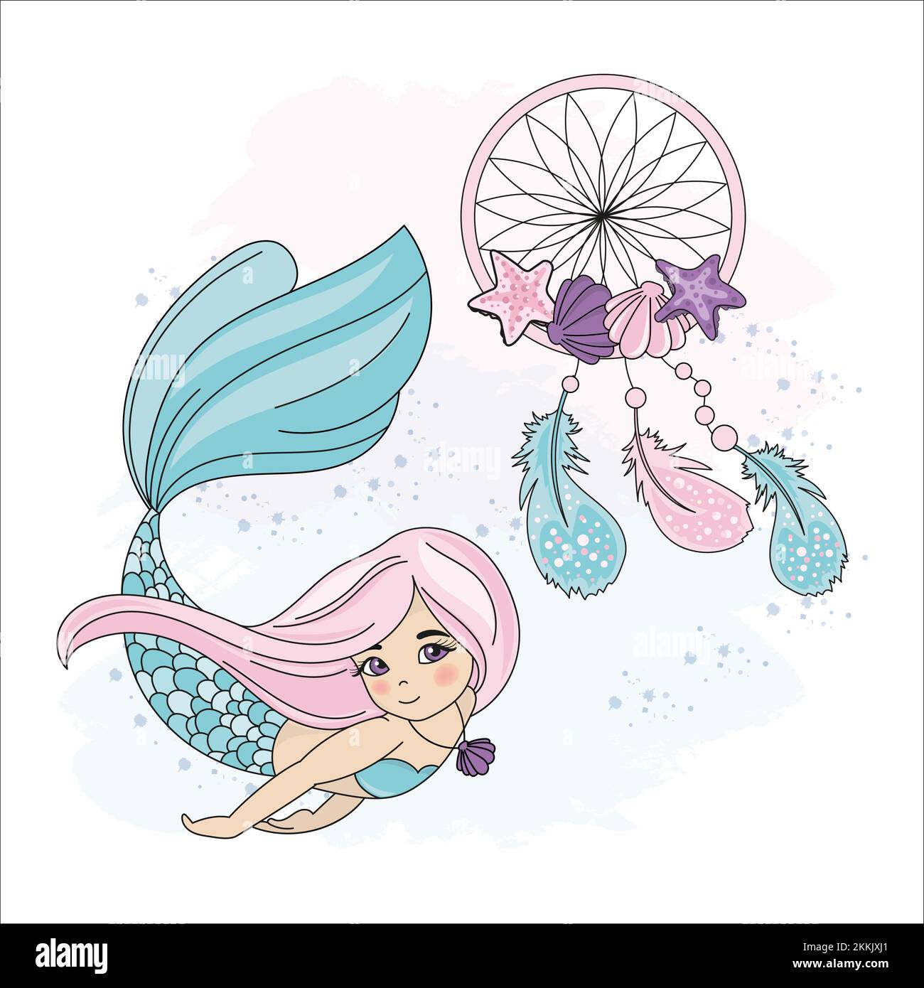 MERMAID DREAMCATCHER Sea Princess Girl Cartoon Travel Tropical Clip Art Vector Illustration Set zum Drucken Stock Vektor