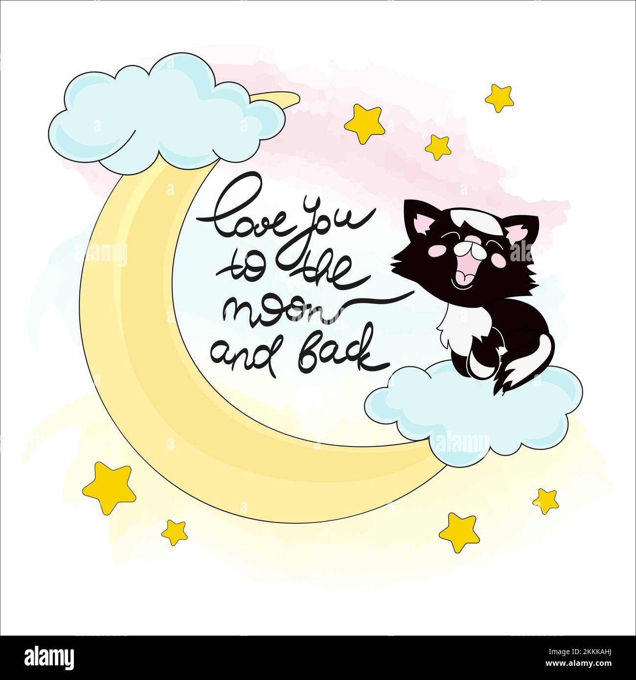 MOON KITTY Good Night Animal Cartoon Handschrift Text Clip Art Vector Illustration Set zum Drucken Stock Vektor