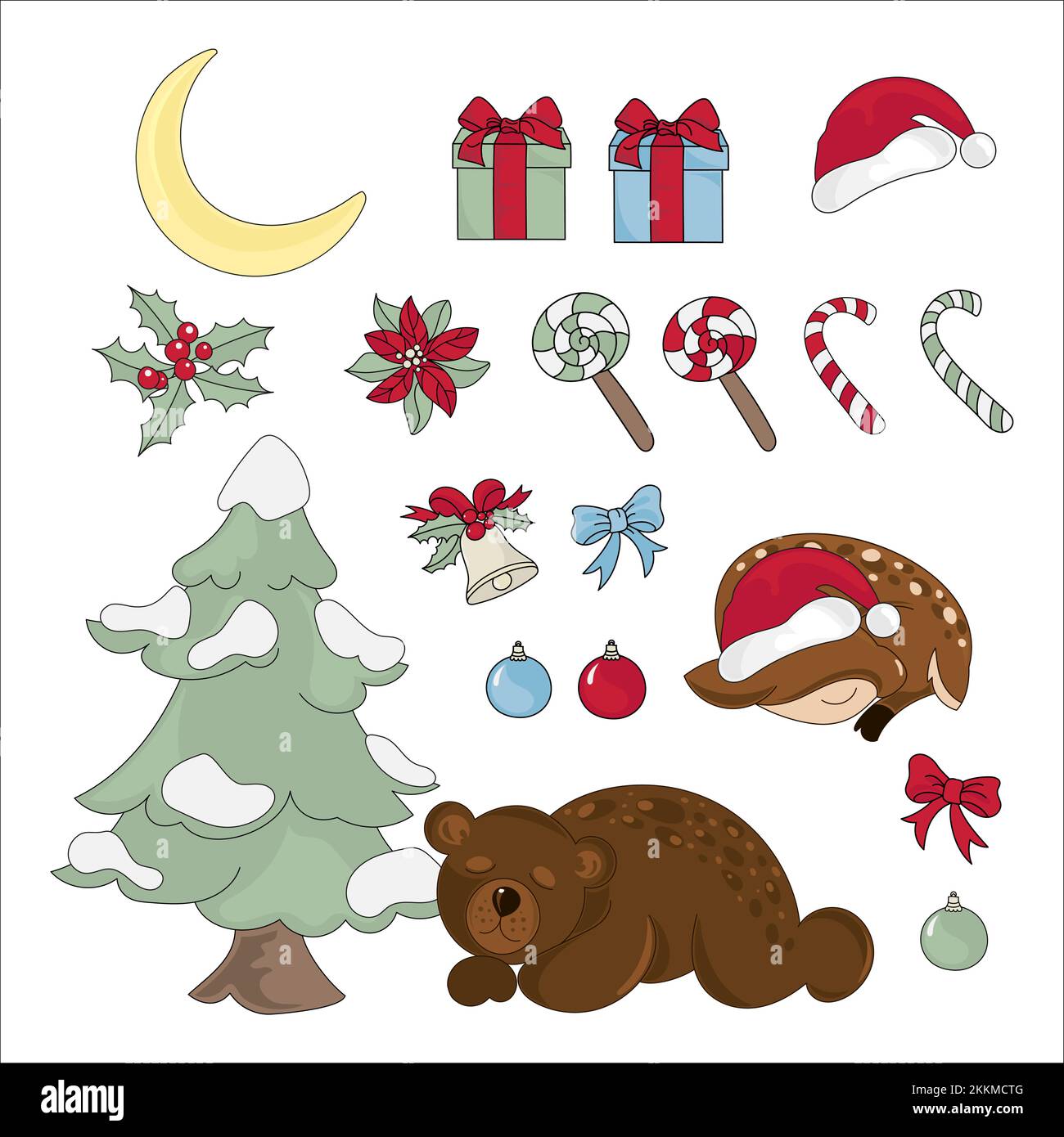 SILVESTERSTÜCKE Winterwald Bär Hirsch süße Tiere Cartoon Fröhliche Weihnachten Clip Art Vector Illustration Set zum Drucken Stock Vektor